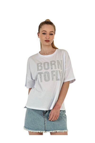 Miss Poem Γυναικείο κοντομάνικο καλοκαιρινό λευκό μπλουζάκι Born με τύπωμα