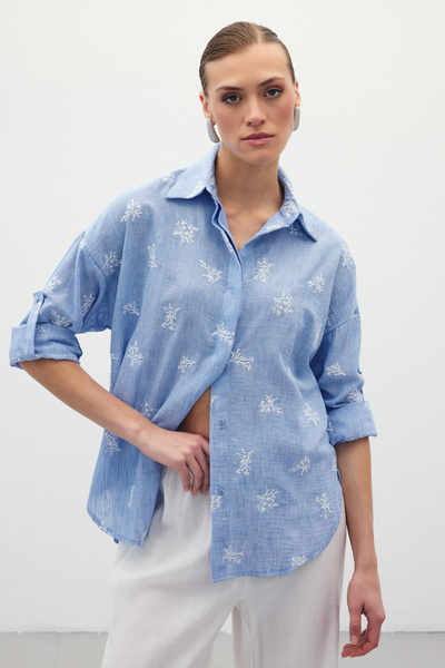 Sateen Casual Κεντητό Πουκάμισο - Baby Blue