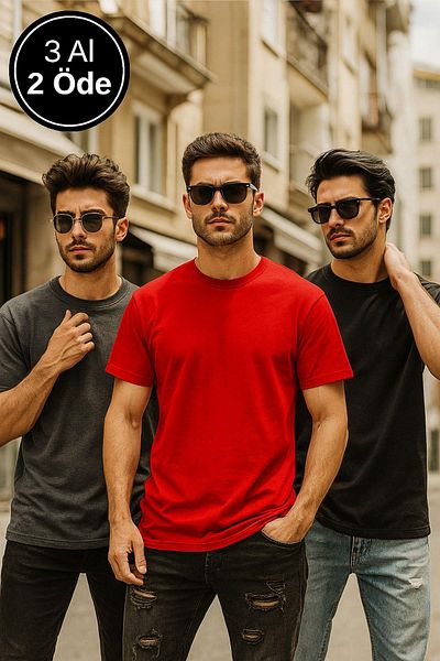 Rich Ανδρικό μπλουζάκι με κοντό μανίκι 3 συσκευασιών μαύρο-κόκκινο-ανθρακί βαμβακερό μπλουζάκι με λαιμόκοψη