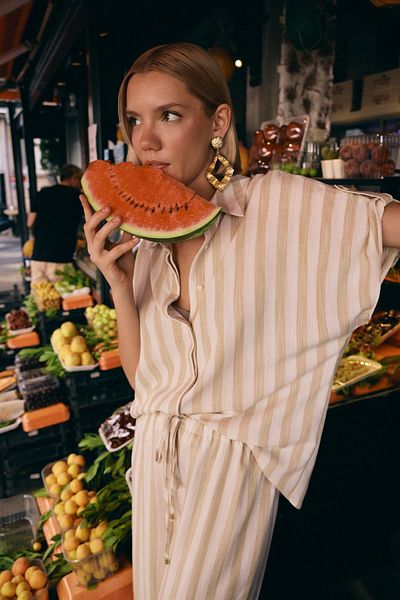 Sateen Striped Short Sleeve Shirt - Beige