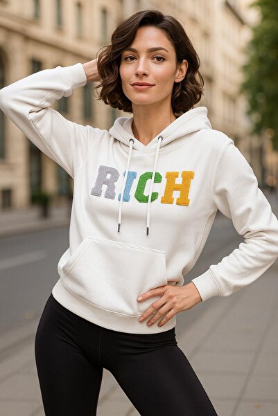 Rich Women's Ecru 2 Thread Hooded Sweatshirt Printed Oversize Sweatshirt