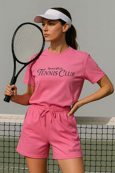Rich Women's Sporty Short Sleeve Crew Neck Oversize T-Shirt and Shorts Bottom Top Set Tennis Two Piece Set