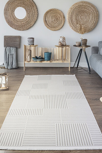 Estiva Home Ekru Beyaz Sisal Bukle Dokuma Hasır Makine Halısı Saçaklı Kaymaz Oturma Salon Mutfak Çocuk Oda