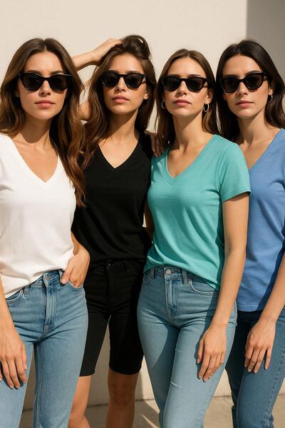 Rich Women's 4 Pack Black-White-Turquoise-Blue 100% Organic Cotton T-Shirt V-Neck T-Shirt