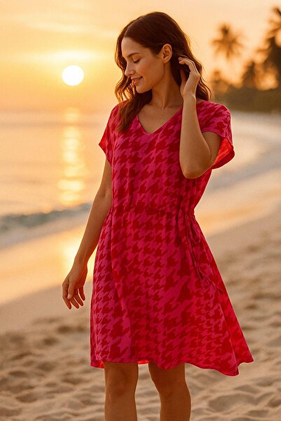 Rich Women's Fuchsia Houndstooth Print V-Neck Beach Dress - Summer Casual Dress with Waist Drawstring