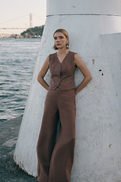 Sateen Casual Linen Trousers - Brown