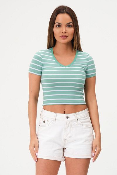 Rich Γυναικείο πράσινο ριγέ Crop V-Neck Short Crop