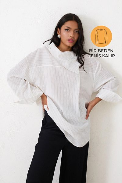 Setre Ecru Asymmetric Collar Long Sleeve Striped Wide Fit Blouse