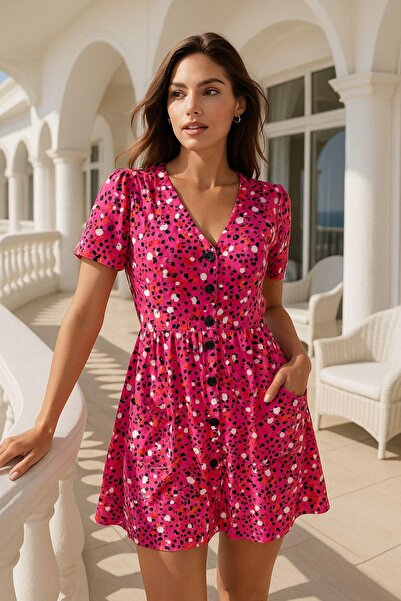 Rich Women's Pink Patterned Pocket Detail Trend Dress - Buttoned Short Sleeve Mini Dress