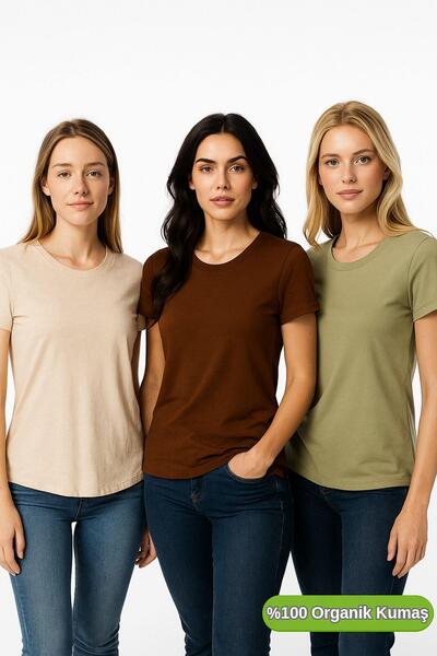 Rich Γυναικείο μπλουζάκι με λαιμόκοψη 3 συσκευασιών καφέ-χακί-μπεζ 100% οργανικό βαμβάκι με κανονική κοπή