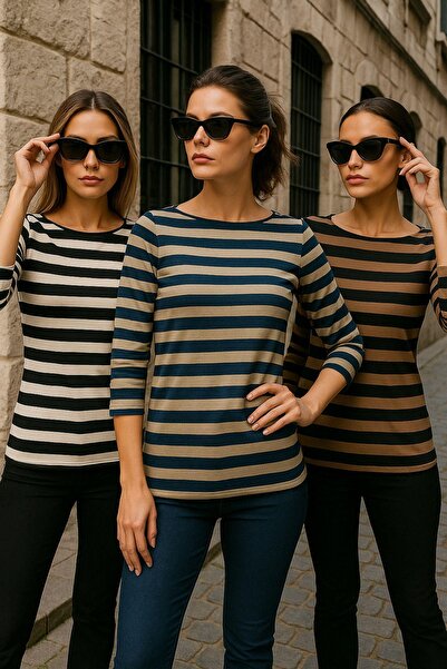 Rich Women's 3 Pack Striped White-Brown-Beige 3/4 Sleeve Boat Neck Basic Blouse