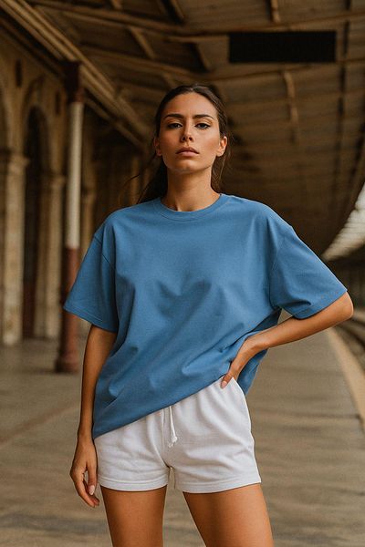 Rich Γυναικείο μπλουζάκι μπλε 100% βαμβακερό Oversize Basic – Άνετο μπλουζάκι με λαιμόκοψη