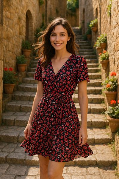 Rich Women's Black Floral Double Breasted Collar Summer Mini Dress - Elastic Waist, Short Sleeve Casual Dress