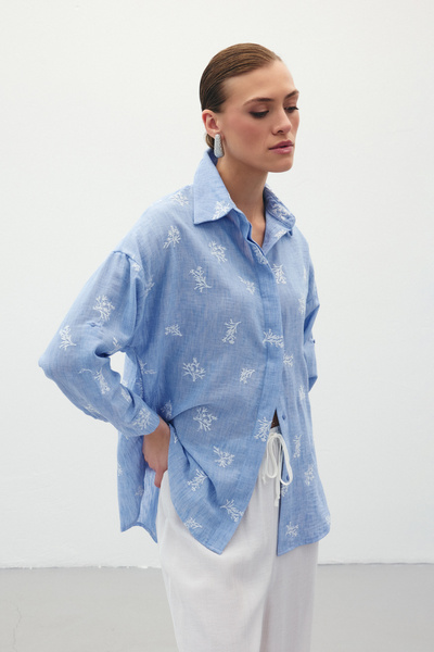 Sateen Salaş Nakışlı Gömlek - Bebe Mavi