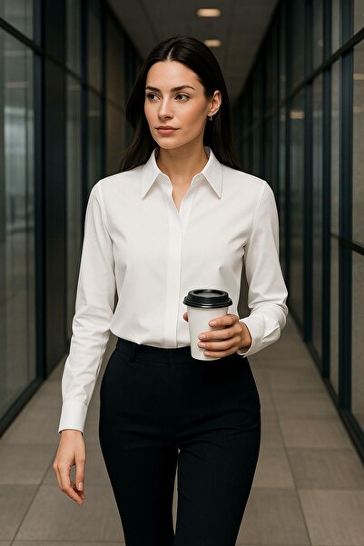 Rich Cămașă creponată Ecru pentru damă, cu detaliu cu nasturi ascunși, slim fit