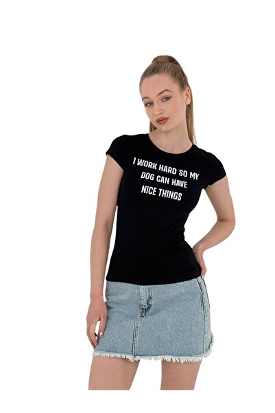 Miss Poem Women's Summer Text Print Short Sleeve Tight Black T-Shirt