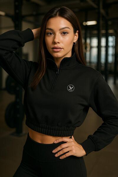 Rich Women's Zipper Collar Detailed Crop Elastic Comfortable Fit Sweatshirt