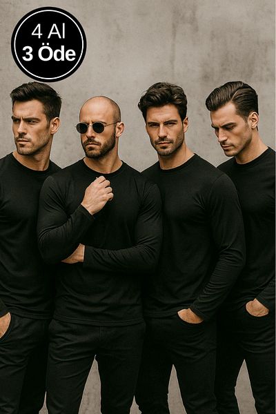 Rich Ανδρικό μαύρο μπλουζάκι 4 Pack Basic μακρυμάνικο μπλουζάκι αθλητικό κορμάκι