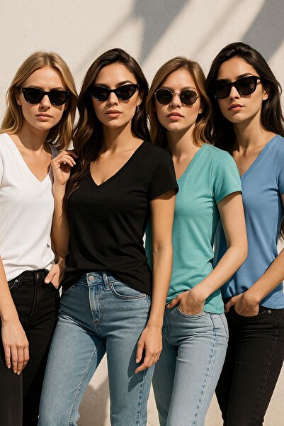 Rich Women's 4 Pack Black-White-Turquoise-Blue 100% Organic Cotton T-Shirt V-Neck T-Shirt