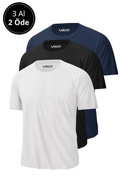 Rich Ανδρικό αθλητικό μπλουζάκι Slim Fit - Πακέτο 3, 100% βαμβάκι, λαιμόκοψη, κοντό μανίκι