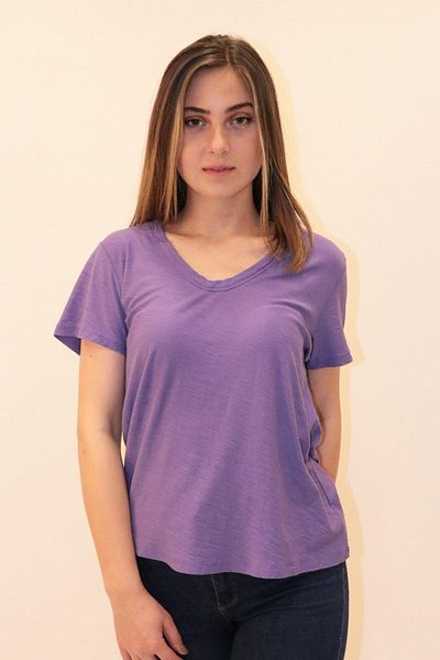 RICH GİYİM Πλούσιο γυναικείο βιολογικό μπλουζάκι με λαιμόκοψη 100% βαμβάκι