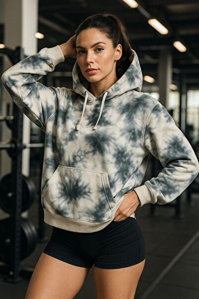 Rich Kadın Batik Desen Renkli Oversize Relaxed Uzun Kollu Kapüşonlu Sweatshirt