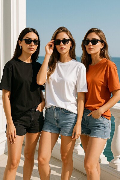Rich Women's 3 Pack Black-White-Orange 100% Cotton Oversize Basic T-Shirt Crew Neck Relaxed T-Shirt