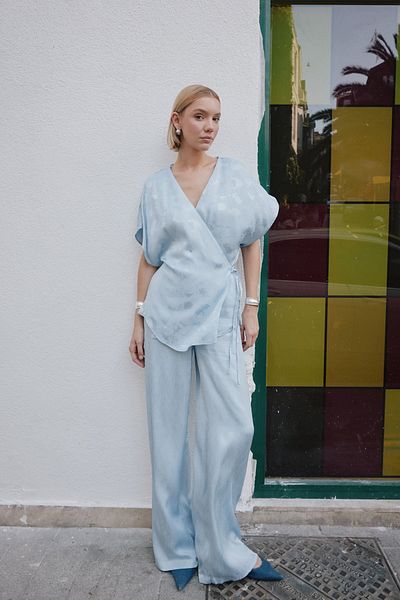Sateen Tie-Up Jacquard Satin Blouse - Baby Blue