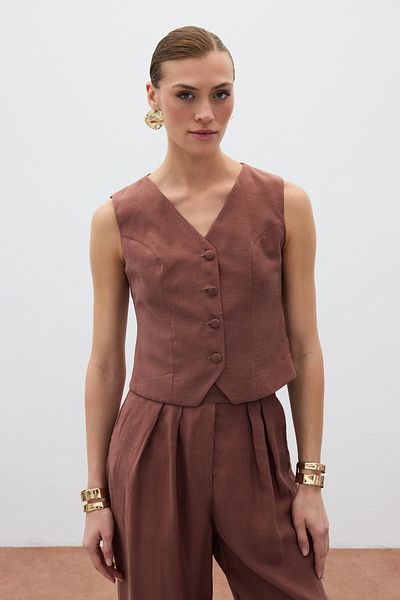 Sateen Linen Vest - Brown