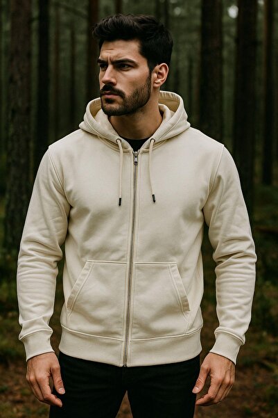 Rich Men's Hooded Cotton Sweatshirt Cardigan Zippered Comfortable Fit Basic Cardigan