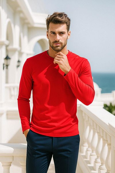 Rich Men's Red Long Sleeve Crew Neck T-Shirt - 100% Cotton Basic Relaxed T-Shirt