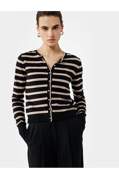 Koton Long Sleeve Crew Neck Striped Knitwear Cardigan