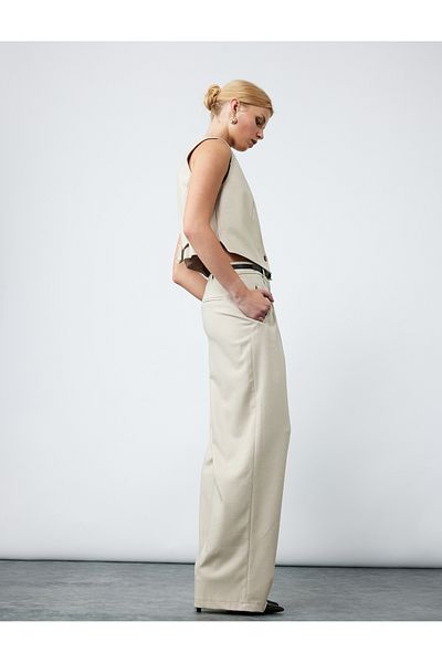 Koton High Waist Palazzo Trousers with Belt Detail and Pleated Pockets