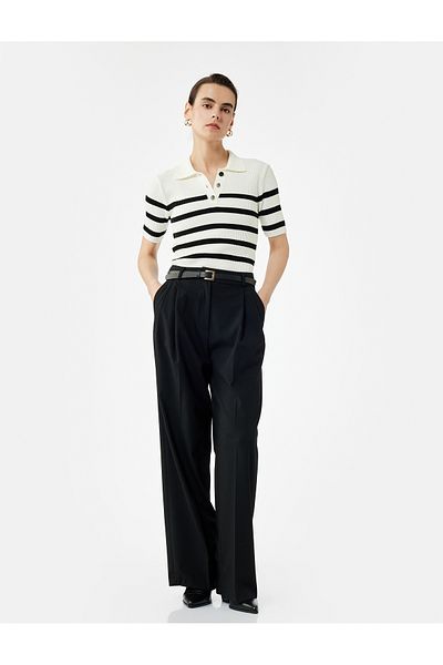 Koton Buttoned Short Sleeve Striped Knitwear Polo Neck Sweater