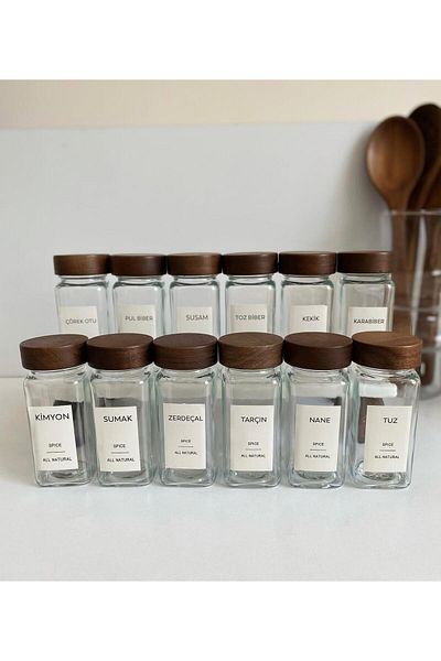 Meralles Set of 12 Spice Jars with Acacia Lid Glass