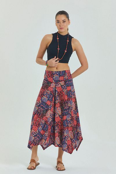 Los banditos Red Ethnic Patterned Skirt with Piping Detail and Asymmetrical Cut