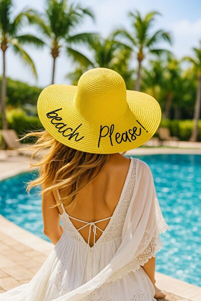 Axesoire 14232-9 Beach Please Γραπτό Κίτρινο Ψάθινο Φαρδύ Καπέλο