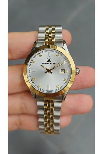 Daniel Klein Orijinal Kadın Kol Saati Çelik Kordonlu Taşlı Gri Gold Takvimli - Dke.1.10878-3 Hediye Paketi