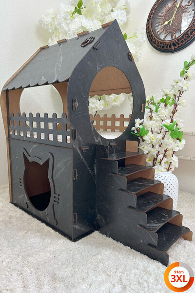 Genel Markalar 3XL Kedi Evi – Siyah Mermer Desenli, Merdivenli, İki Katlı MDF...