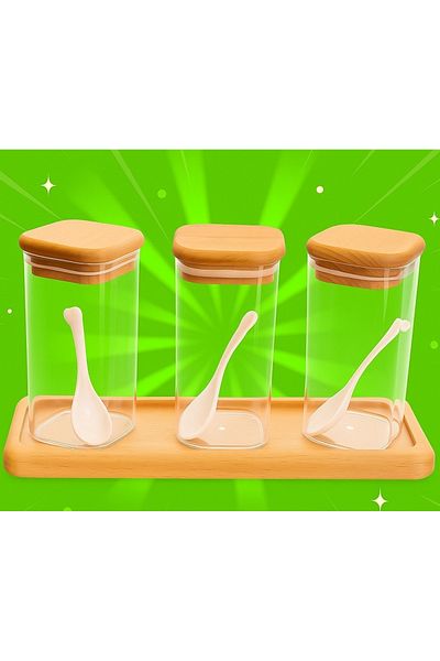 tios home 3-Piece Wooden Beech Tree Stand with Lid Mica Acrylic Sugar Cookie Spice Rack Coffee Salt Shaker Storage Container