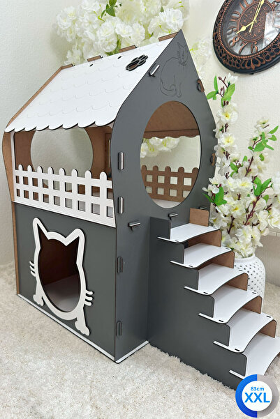 Genel Markalar XXL Kedi Evi – Beyaz Antrasit, Merdivenli, İki Katlı MDF, 83×81×40 cm