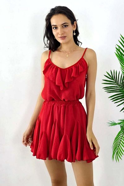 FashionForYou Calipso crepe summer outfit, with 3D effect top and trouser skirt, Red, Size S/M, S/M