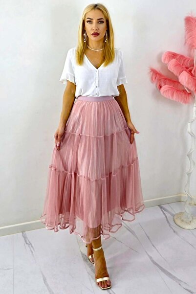 FashionForYou Fustă lungă cu două fețe, LUNA, plisată și aspect de tul, roz