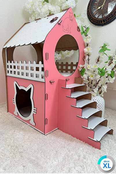 Genel Markalar XL Kedi Evi – Pembe Beyaz, Merdivenli, İki Katlı MDF, 66×68×38 cm