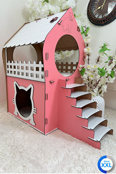 Genel Markalar XXL Kedi Evi – Pembe Beyaz, Merdivenli, İki Katlı MDF, 83×81×40 cm