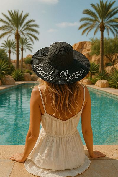 Axesoire 14232-9 Pălărie evazată din paie neagră Beach Please Written