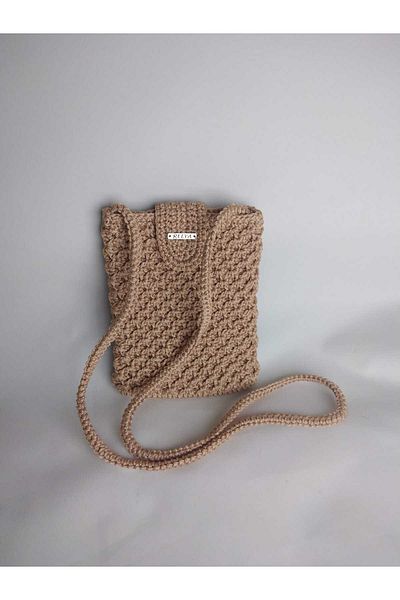 RELYA Women's Macrame Chickpea Color Strap Knitted Snap Pocket Mobile Phone Bag Width 14 cm Length 19 cm Depth 2 cm