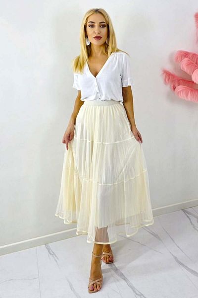 FashionForYou Fustă lungă cu două fețe, LUNA, plisată și aspect de tul, crem, mărime S/M/L