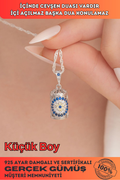 OSMANLI GÜMÜŞ Mavi Taşlı Bayan Gümüş Muska Cevşen Kolye