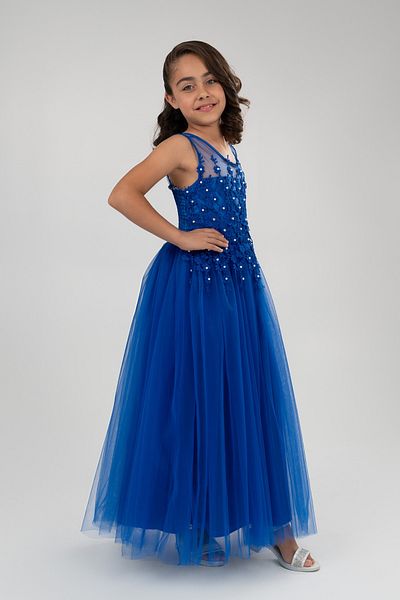 Mnk Baby&Kids Rochie De Mireasa Fara Maneci Copii Albastra Rochie De Seara - Model Guipur, Mnk0469